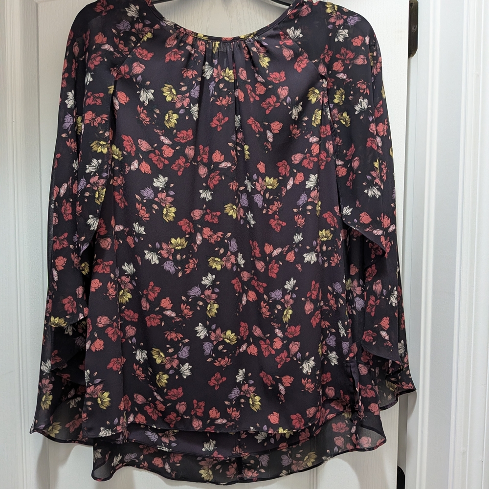 Women's Floral Chiffon Blouse - Navy with Red & Purple Accents